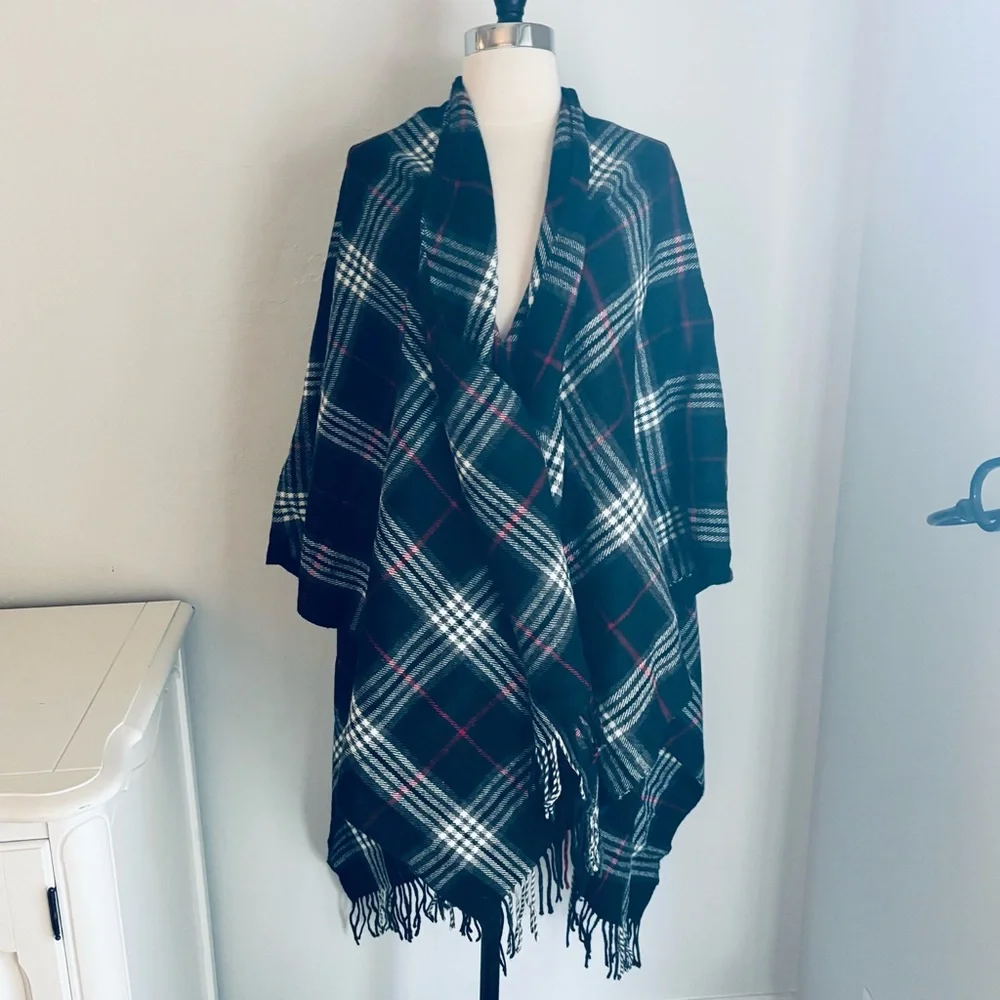Plaid Knit Wrap Poncho in Black with Red & White, Fringe Hem, One-Size